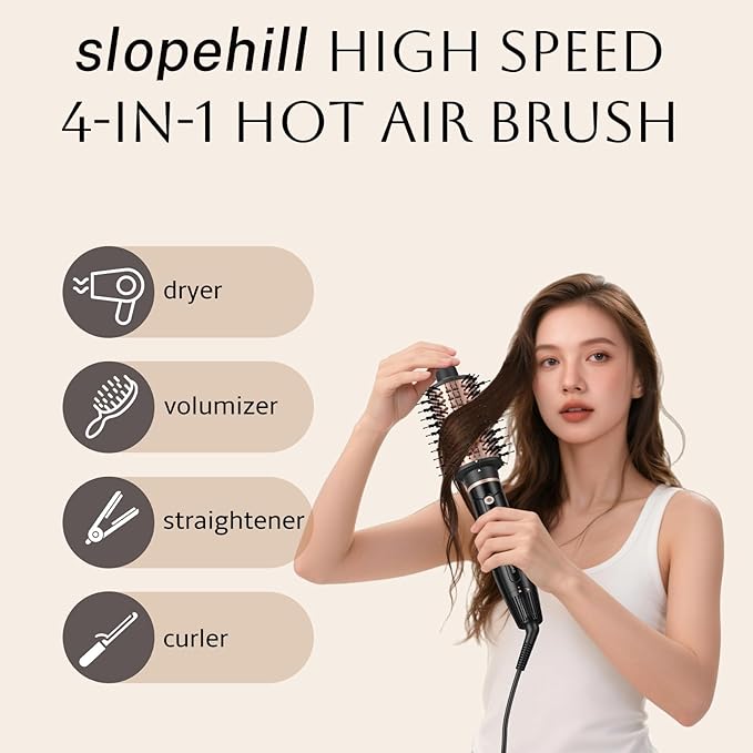 slopehill 6X High Speed Hair Dryer Brush Blow Dryer, 50m/s,1600W & 100000RPM Fast Drying, Straightening, Volumizing & Curling, Hot Air Blowout Brush with Millions Ions & 8 Modes for Less Frizzy
