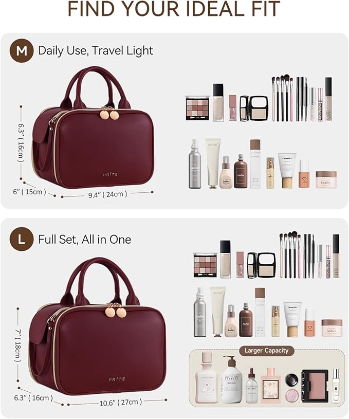 Prite Travel Makeup Bag Women’s Large Capacity Waterproof Cosmetic Organizer Portable Open Flat Toiletry Case with Free-standing Brush Holder and Handle(Burgundy Large)