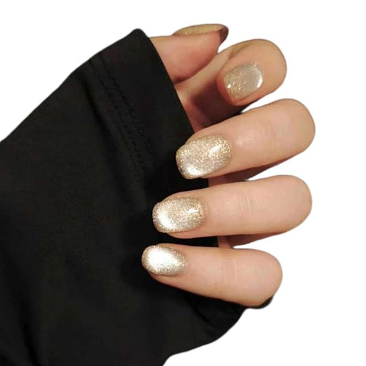 Cat Eye Press on Nails Handmade Short Oval/Square/Round False Nails with French Tip/Aurora/Magnetic Shimmer Designs (Glitter#It Girl S)