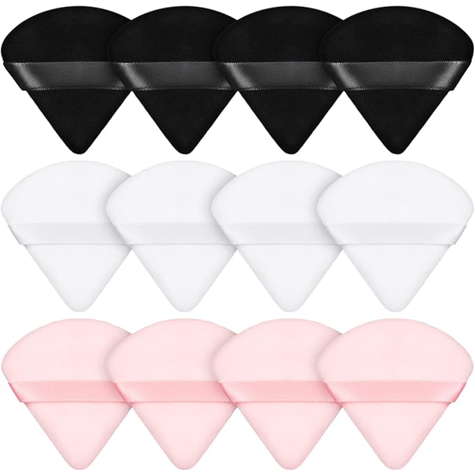 Maitys 12 Pcs Powder Puff Triangle for Face Makeup Cosmetic Loose Powder Puff Velour Soft Body Washable Reusable Foundation Sponge Wet Dry Makeup Tool for Women(Small,Black, White, Pink)