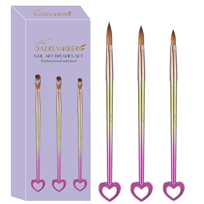 DAIXIANGER 3Pcs Professional Acrylic Nail Brush Set, Size 8/10/14, Gradient Handle Heart-Shaped Nail Brushes for Acrylic Application Powder & Nail Extension, 3D Nail Carving Tools for DIY Home Salon