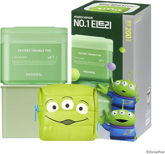 MEDIHEAL Toner Pads [Teatree] Trouble Care - Disney Pixar Edition - Quick Soothing for Sensitive Skin - Lactobacillus Acne Prone Skin - Vegan Face Gauze, Full Size 100 + Refill 100 (200 Count)