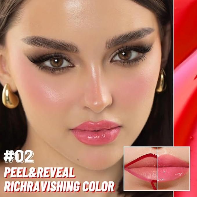 JUAAZIN Dewy Rose Lip Stain Peel Off Lip Gloss oil Dual-Ended Combo, Lips Liner Stain Peel Off Tattoo, Long Lasting & Waterproof, Transfer-Proof Lip Tint Stain with Lip oil for All Skin Type 02#