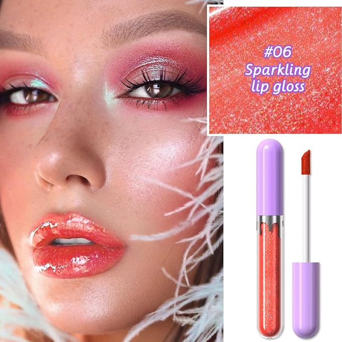 Hxssll Glitter Liquid Lip Gloss,Coral Shimmer Lipstick, Waterproof Shimmer Lip Stain Lip Glaze, High Shine Long Lasting Shiny Lip Color Makeup 06#