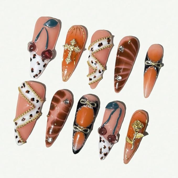 MAGLFELL Press On Nails - Handmade Stiletto Orange Fake Nails, Painting 3D Cherry and Gold Plated Accessories Design, Reusable Artificial False Nails for Women 10 Pcs Acrylic Nails Kit (Size S)