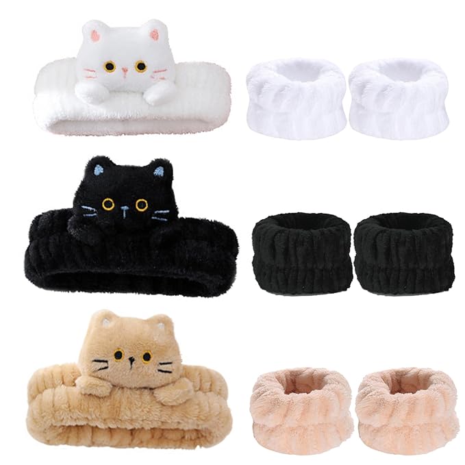 Gniwhd 9PCS Cute Cat Ears Spa Headband for Washing Face Makeup Skincare Headband with Wrist Bands, Sleepover Party Supplies for Women/Teen Girl Trendy Stuff Present (9PCS 3D cat)