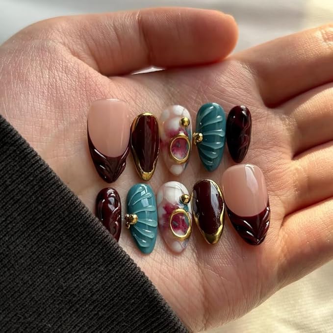 MAGLFELL Fall Press On Nails - Handmade GEL Medium Length Almond Fake Nails, Brown Rendering Painting Design, Reusable Artificial Almond False Nails for Women 10 Pcs Acrylic Nails Kit (Size S)