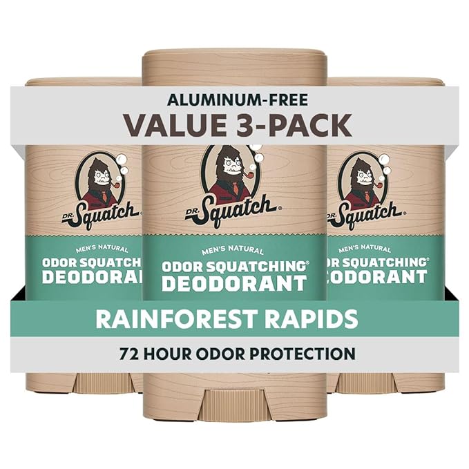 Dr. Squatch Natural Men’s Deodorant – Aluminum Free Natural Deodorant Men with Charcoal & Postbiotics for 72-Hour Odor Protection – Rainforest Rapids, 2.65oz Stick (3-Pack)