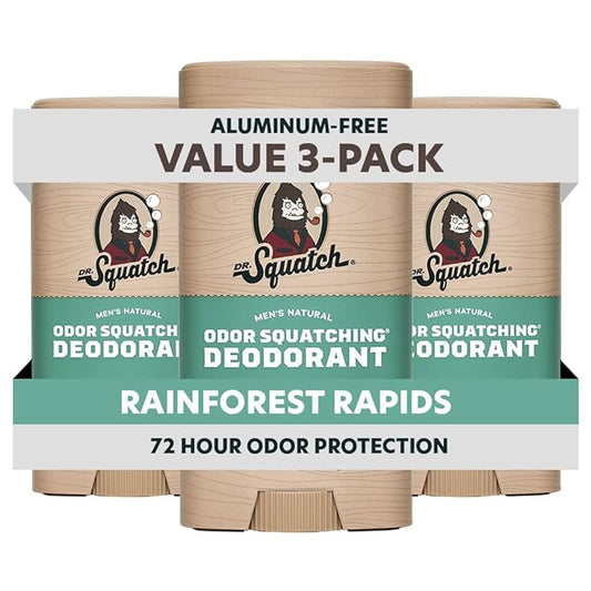 Dr. Squatch Natural Men’s Deodorant – Aluminum Free Natural Deodorant Men with Charcoal & Postbiotics for 72-Hour Odor Protection – Rainforest Rapids, 2.65oz Stick (3-Pack)