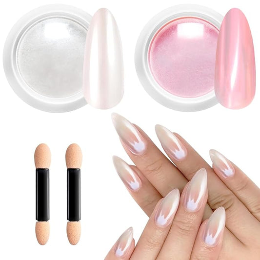 Pearl Chrome Nail Powder BISHENGYF -【Fairy Effect】Pink Chrome Nail Powder White Pearlesent Aurora Mermaid Iridescent Nail Chrome Powder, Metallic Mirror Glitter Pigment Dust For Nail Art DIY 2PCS