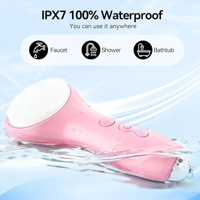 Facial Cleansing Brush, Face Scrubber, Electric Face Brush with 7 Colors, Rechargeable Waterproof Exfoliator with Heat and Vibration, Deep Cleansing and Massage for Men and Women(Pink)