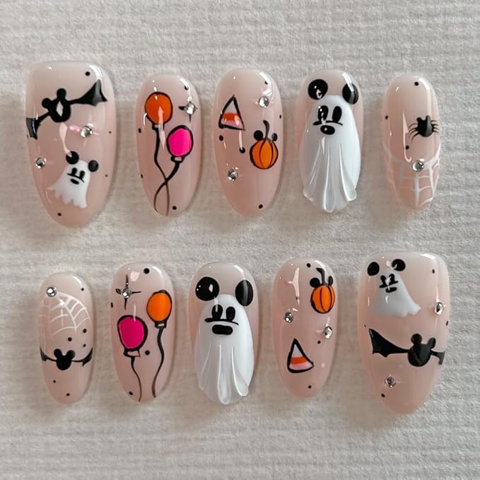 MAGLFELL Press On Nails Handmade Medium Length Oval Fake Nails, Painting Cute Ghosts Design,10 Pcs Reusable ABS Material Finger Painting Fingernail Tip Salon Artificial Nails Kit (Size M）