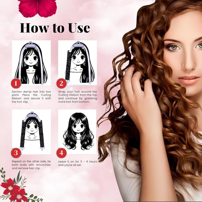PURELYNE Heatless Hair Curler | 5PC No Heat Curling Rod Headband | With Satin Bonnet, Curler, 2 Scrunchies & Claw Clip Set | Curl Kit for Women & Girls (Wine Red, Medium)