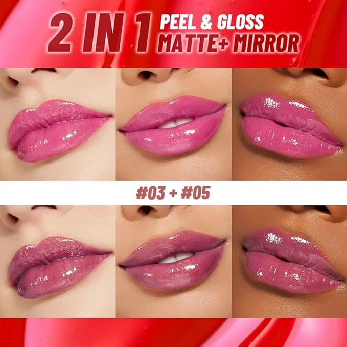 JUAAZIN 2Pcs Liquid Lip Stain Peel Off Lip liner and Lip oil with Tweezer, Dual-Ended Peel Off Lip Stain Tattoo, Highly Pigmented Long Lasting Waterproof, Transfer-proof for All Skin Types, 03#+05#