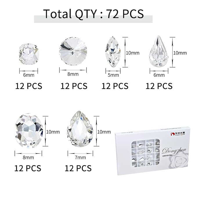 DONGZHOU 72pcs Mix Shape Crystal Nail Art Rhinestone Gems Point Back Fancy Stone Sew On Rhinestone Loose Crystal Sewing for Clothing Wedding Dress Nail Art Shoes Bags DIY Crafts