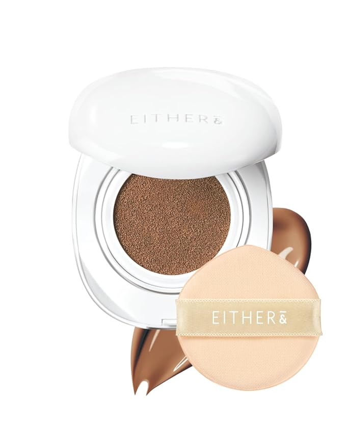 EITHER& Glow Pixel Cushion Foundation, Skincare Formula, Dewy Glass Skin, Lightweight & Long-Lasting 100H Wear, Buildable Hydrating Korean Cushion (30N Walnut, 12g)