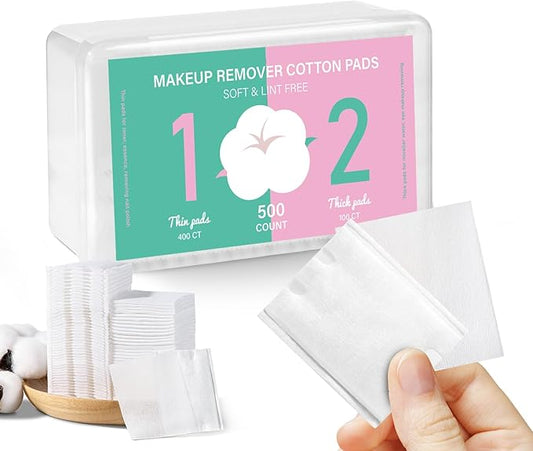 Square Makeup Cotton Pads, 100 Thick and 400 Ultra-Thin, Soft, Lint-Free Pads for Makeup Removal, Toner Application and Daily Skincare