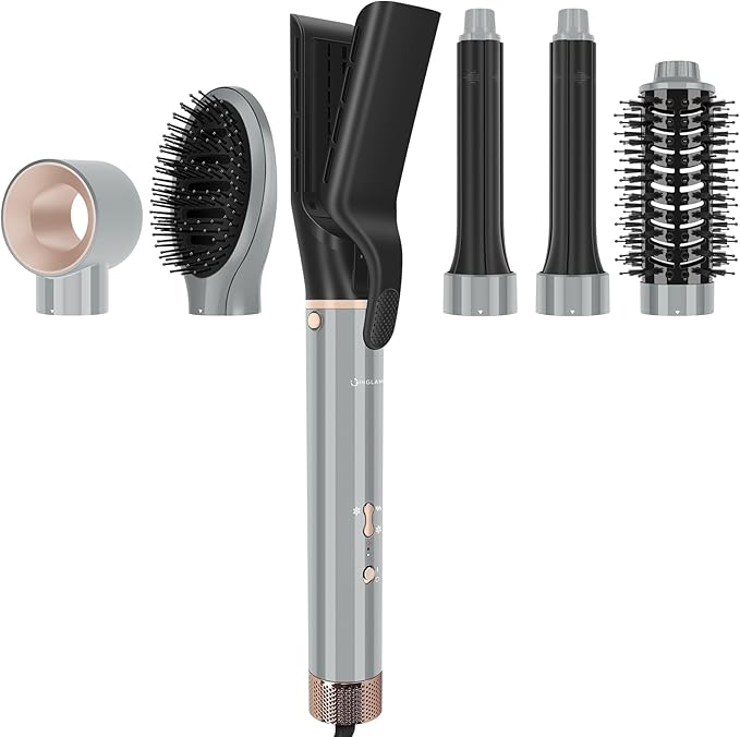 6-in-1 Hair Dryer Brush, 110,000 RPM High Speed Hair Dryer with Air Straightener, 28mm AUTO Curlers, IG INGLAM MegaAIR 2.0 Multi-Styler Set Volumizing and Shape, Gray