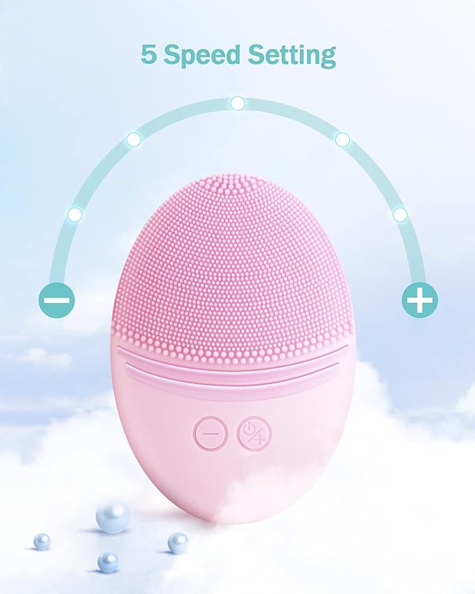 EZBASICS Facial Cleansing Brush Made with Ultra Hygienic Soft Silicone, Waterproof Sonic Vibrating Face Brush for Deep Cleansing, Gentle Massaging, Inductive Charging (Pink)1 Pack+5 Speed Settings