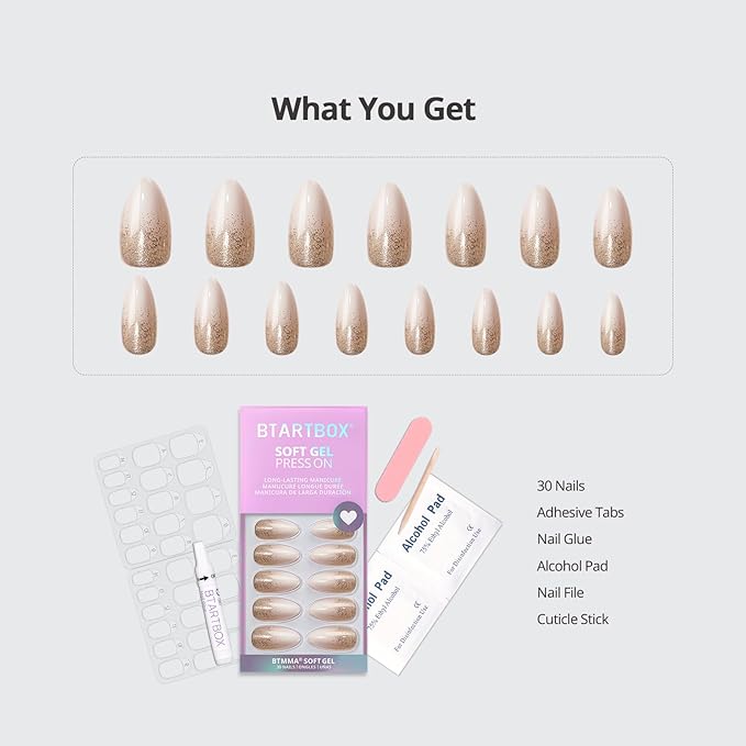 BTArtbox Press On Nails Almond - Champagne Frost, Medium Sparkle Press On Nails with Glue and Adhesive Tabs for Women in 15 Sizes - 30 Soft Gel Glue On Nails Kit