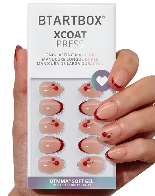 BTArtbox French Tip Press On Nails - Cherry Charm, Lamp-Curable Extra Short Red Almond Valentines Press On Nails with Glue and Adhesive Tabs for Women in 16 Sizes - 32 Soft Gel Glue On Nails Kit