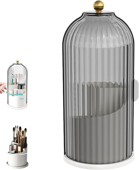 Concealed Toothbrush Holder with Sliding Lid, 360° Rotating Makeup Brush Organizer, Dustproof Storage Tube for Vanity Countertop, Portable Cosmetic & Tool Case (Black)