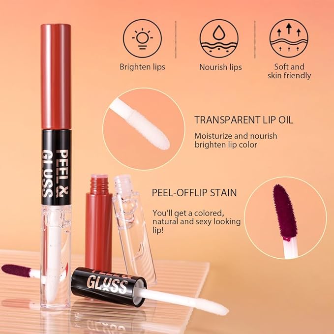 JUAAZIN Maroon Lip Stain Peel Off Lip Gloss oil Dual-Ended Combo, Lips Liner Stain Peel Off Tattoo, Long Lasting & Waterproof, Transfer-Proof Lip Tint Stain with Lip oil for All Skin Type 07#