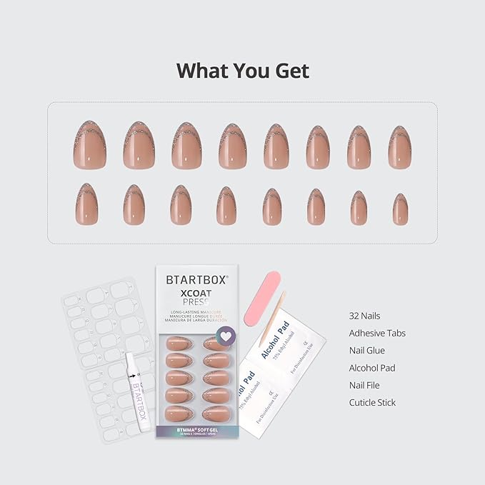 BTArtbox French Tip Press On Nails - Sliver Bells, Lamp-Curable Short Almond Press On Nails with Glue and Adhesive Tabs for Women in 16 Sizes - 32 Soft Gel Glue On Nails Kit