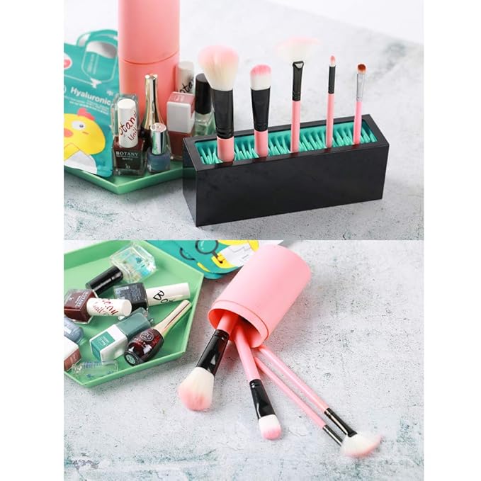 Makeup Brushes Holder Organizer, Silicone Vanity Air Drying Rack Display Storage for Brush, Eyeliners and More, Practical Cosmetic Tools Container (Blue-Black)