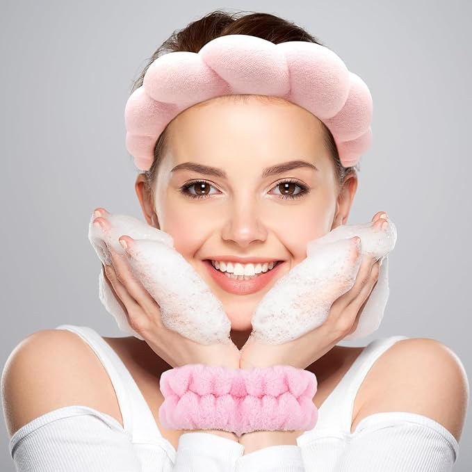 Spa Headband for Washing Face Wristband Set Sponge Makeup Skin Care Terry Cloth Bubble Soft Get Ready Hairband Women Girls Puffy Padded Headwear Non Slip Thick Hair Accessory (Pink)