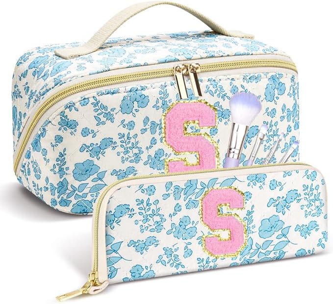 Personalized Travel Makeup Bag Set,Initial Travel Cute Floral Makeup Organizer Bag,Toiletry Skincare Cosmetic Bag, Valentine’s Day Gifts for Women/Girls,Open Flat Toiletry Pouch with Brush Pocket-S