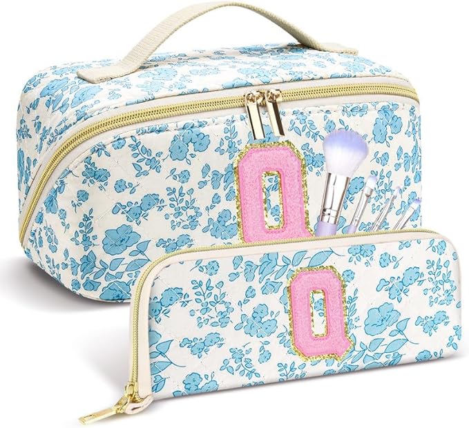 Personalized Travel Makeup Bag Set,Initial Travel Cute Floral Makeup Organizer Bag,Toiletry Skincare Cosmetic Bag, Valentine’s Day Gifts for Women/Girls,Open Flat Toiletry Pouch with Brush Pocket-S
