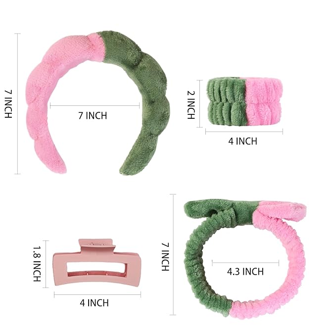 Yaqulen 7 Pcs Spa Set, Facial Headband and Wristband Set, Skincare Accessories, College Style Girl Idea Gifts, Hair Accessories for Women and Girls（Pink Green）