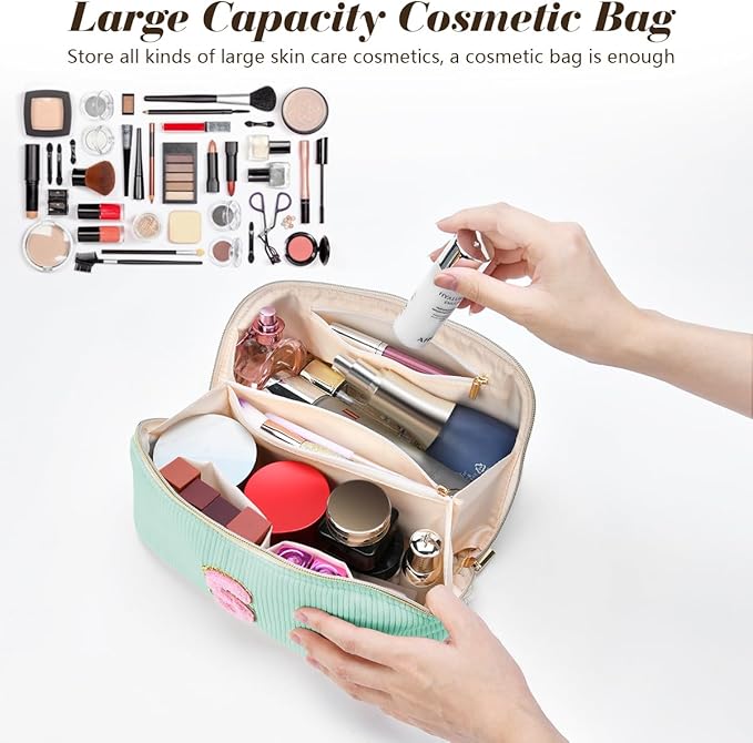 Personalized Initial Makeup Bag, Valentine's Day Gifts for Girls,Preppy Bag Cosmetic Travel Bag Women,Travel Toiletry Organizer,Large Capacity Corduroy Stuff Bag,Cute Cosmetic Pouch Skincare Bag