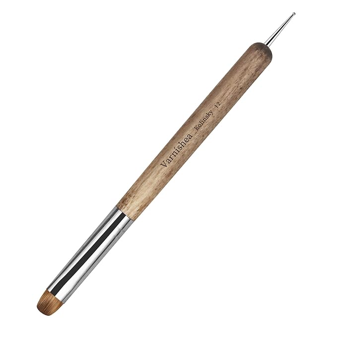 varnishea Kolinsky French Tip Nail Art Brush Solid Wood Handle Gel Acrylic Nail Dotting Tool for Manicure Clean Up and Dotting Manicure Tool Professional Nail Brush - Size 12, 1.0 Count