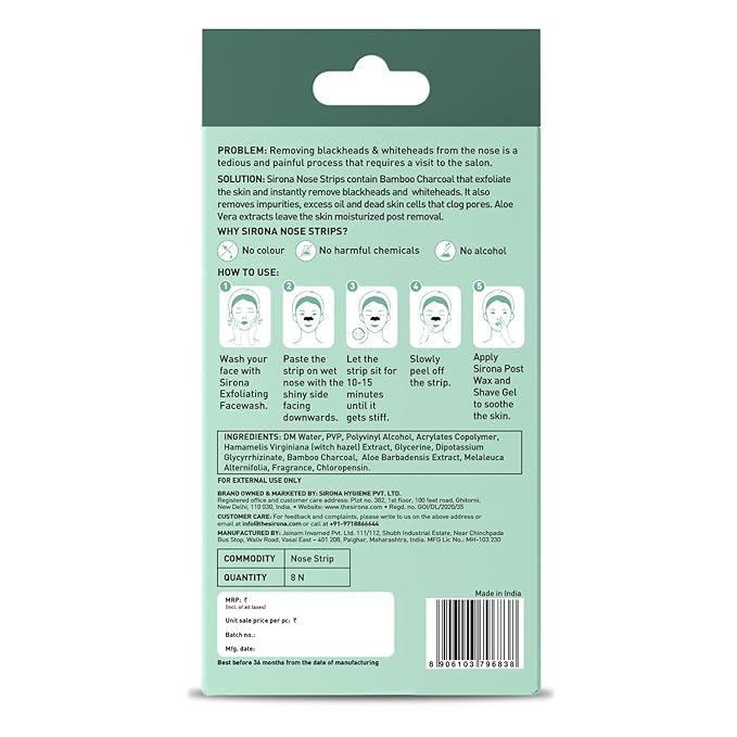 Sirona Blackhead Remover Bamboo Charcoal Nose Strips for Women – Pack of 8 | Painless & Instant Removal of Whiteheads, Blackheads, Pore Cleanser, Dirt & Oil
