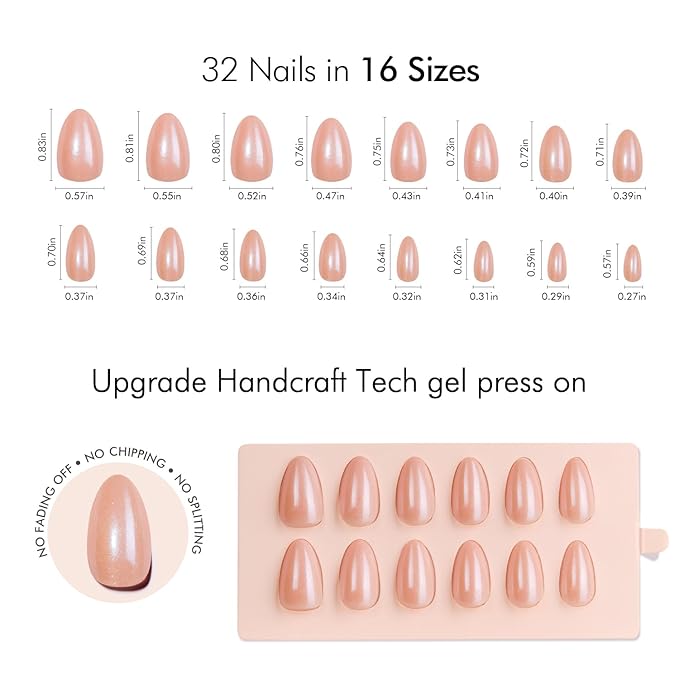 VSALON Press On Nails Short Almond, 32 Pcs 16 Sizes Nude Pink Shimmer Chrome Neutral Fake Nails With UV Cure Glue, Glossy Aurora Glazed Donut Reusable Stick On Nails False Nails Fall Gift For Women
