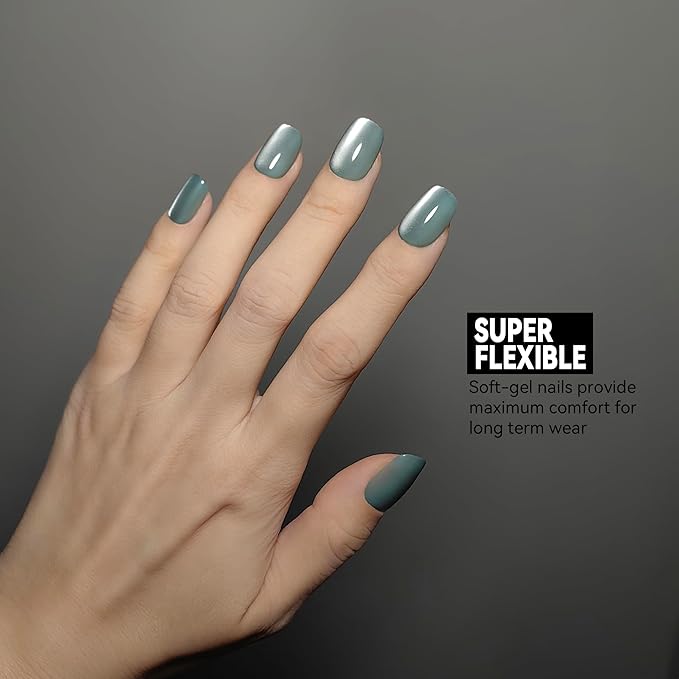 Okiyomi Blue Press on Nails - Sea Foam Cat Eye Press on Nails | Magnetic Turquoise Shimmer | Short Ballerina Squoval Shape | 15 Sizes - 30 Soft Gel Fake Nails with Glue and Stick On Tabs