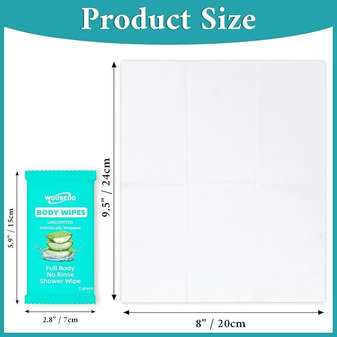 300 Pack Individually Wrapped Body Wipes (8" x 9.5"),No-Rinse Shower Wipe for Adults,Travel,Gym & Camping,Bulk Cleansing Wipes for Homeless