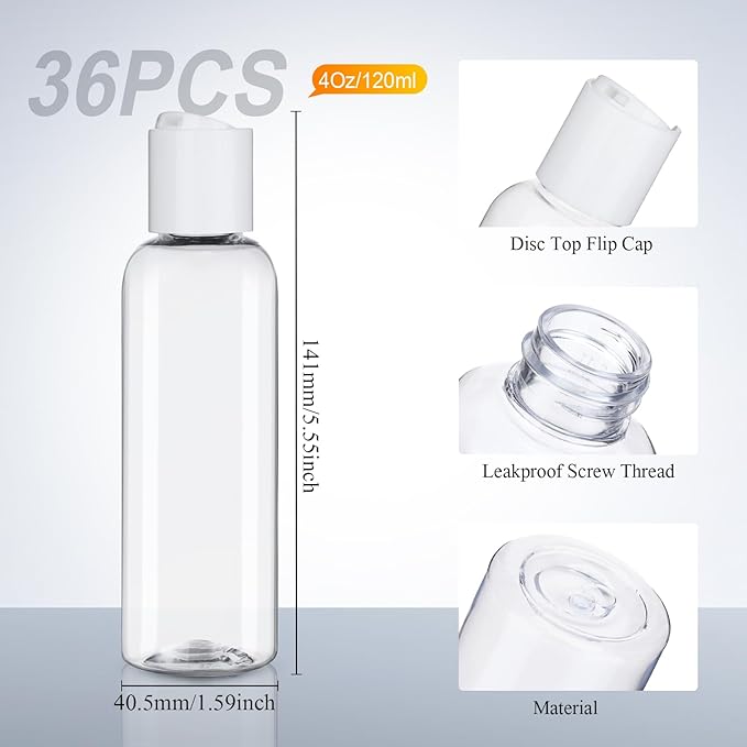 Zubebe 36 Pcs Plastic Travel Bottles with Disc Top Flip Cap Empty Refillable Squeeze Travel Containers for Shampoo Lotions Cream Toiletries Liquid Body Soap (Clear, 2 oz)