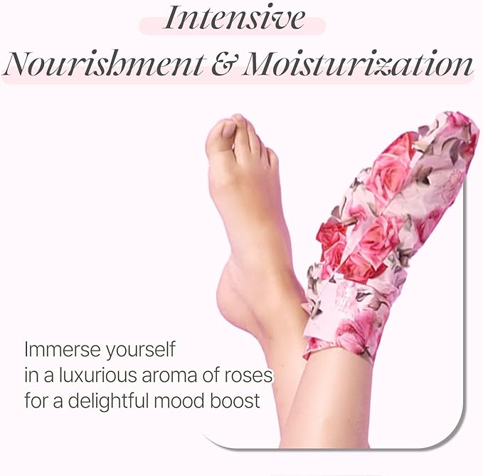 PETITFEE Rose Petal Satin Foot Mask (5pairs) - Intensive Nourishing Socks, Rose Scented Foot Repair Masks with Peptide, Collagen, Shea Butter, Urea for Silky Smooth Feet, Foot Treatment, Body Mask