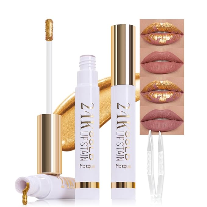 JUAAZIN 2Pcs 2025 New 24K Gold Liquid Lip Gloss Peel Off Lip Stain Tattoo with Tweezer, Lips Stain Peel Off Masque, Long Lasting Waterproof Lip Tint Stain, Transfer-proof for All Skin Types 03#+04#