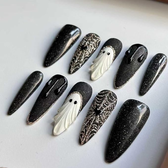 MAGLFELL Halloween Press On Nails Handmade Long Stiletto Fake Nails, Apparition nails Sparkling Design press ons,10 Pcs Reusable Painting Fingernail Tip Salon Artificial Nails Kit (Size S）
