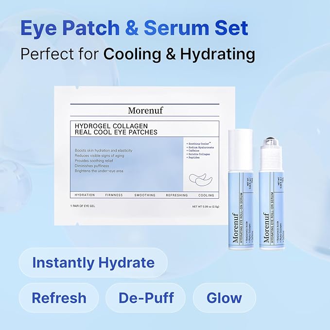 MORENUF Hydrogel Collagen Real Cool 6 Pairs of Eye Patches & Hydrating Roll-On Serum Set for Dark Circles and Puffiness - Hyaluronic Acid and Caffeine Eye Serum Korean