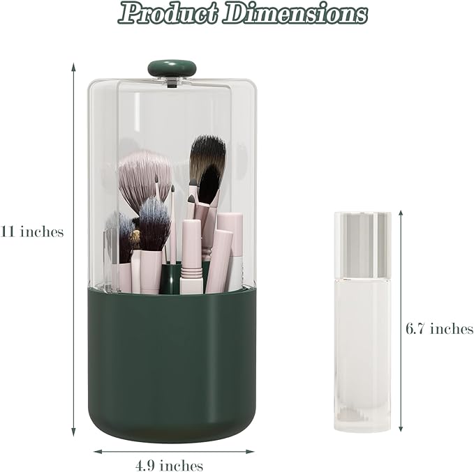 Zufudo Makeup Brush Holder with Dustproof Cover, Clear 360 Rotating Make Up Brushes Organizer for Counter Vanity Bathroom, Olive Green