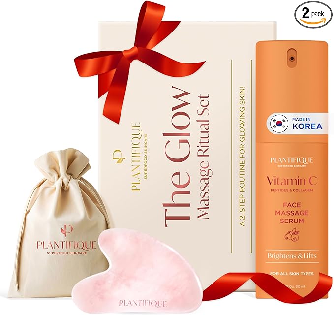 PLANTIFIQUE Massage Ritual Set Premium Certified Rose Quartz Gua Sha + Vitamin C Serum Skin Care Set, Birthday Gifts for Women, Teens, Mom, Brides