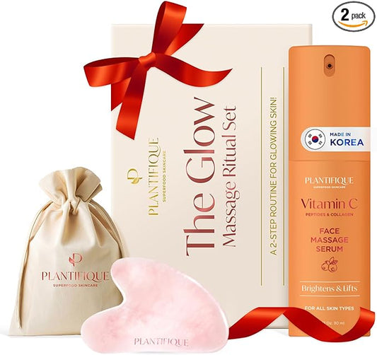 PLANTIFIQUE Massage Ritual Set Premium Certified Rose Quartz Gua Sha + Vitamin C Serum Skin Care Set, Birthday Gifts for Women, Teens, Mom, Brides