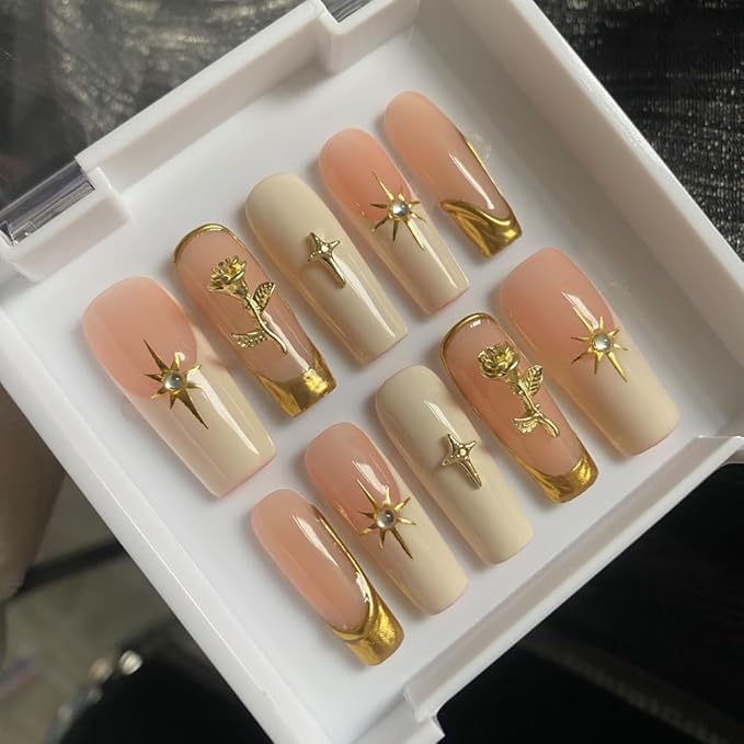 MAGLFELL Press On Nails Medium Almond Nails, Handmade 3D Design Fake Nails with Thick Acrylic Multi-Layer Gel Nails, Reusable Durable DIY Artificial Nails for Women (10 Pieces)