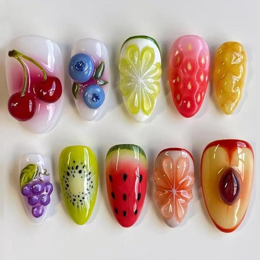 Press On Nails - Medium Almond Handmade Unique Fake Nails, Fruit Style Art Design, Thick Acrylic and Muti-Layer Gel False Nails, Reusable Gel Cured Sturdier 3D Fake Nails with Nails Kit (Size M)