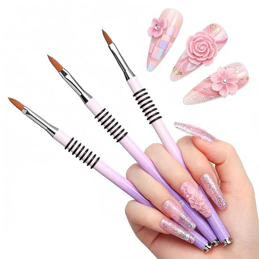 Purple-Pink Gradient Acrylic Nail Brush 3PCS Nail Art Brushes Set Non-slip Grip Handle Professional Nails Design Pens Tools for Acrylic Application, Extension & 3D Carving - Sizes 2/4/5